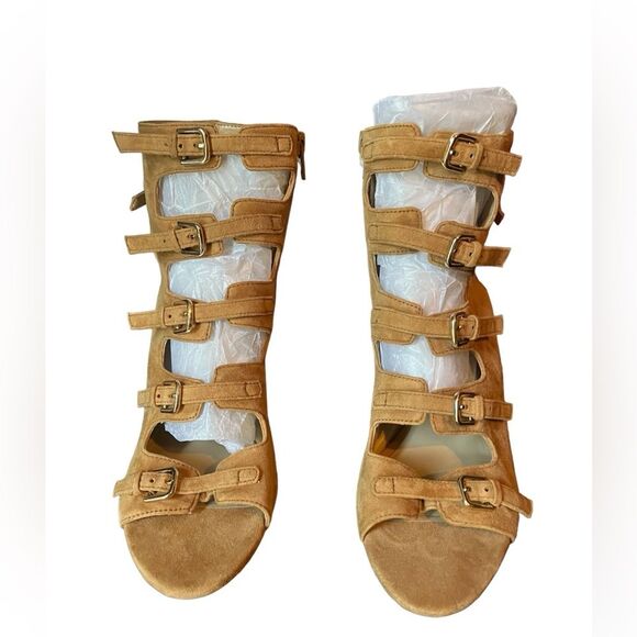 NWOT Enzo Angiolini Florencia Suede Beige Heeled Sandal Strappy Buckle SZ 9.5 - Picture 2 of 6